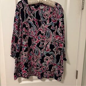 Chicos Size 3=XL-Trapeze Tunic -3/4 Sleeve- Black, Magenta White Print-EUC